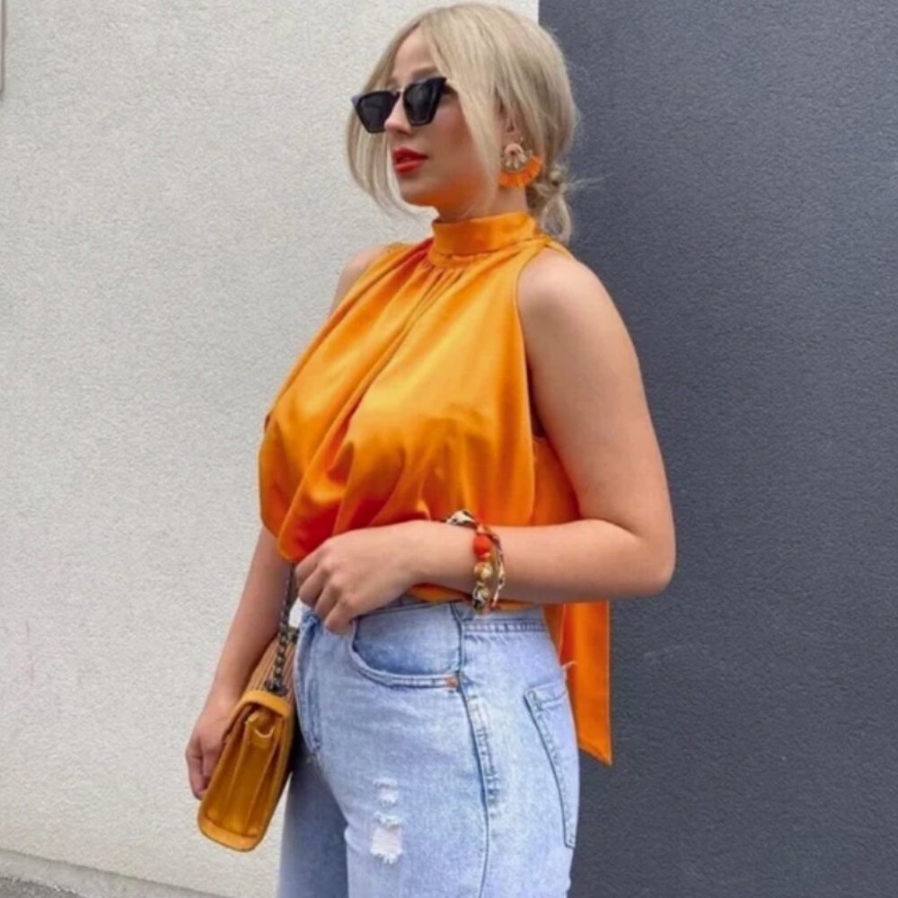 ZARA Orange Satin Halter Tie Neck Wrap Top - Picture 8 of 11